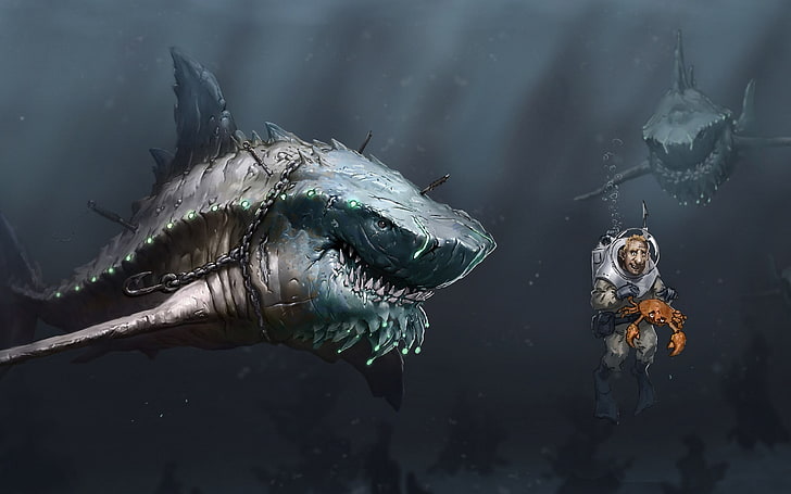 illustration of man and shark wallpaper, digital art, fish, underwater