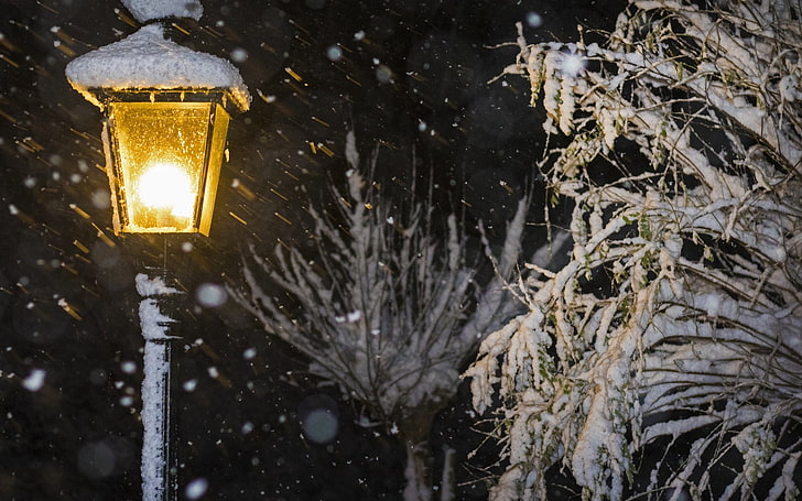 night, snow, winter, lantern, cold temperature, illuminated, HD wallpaper