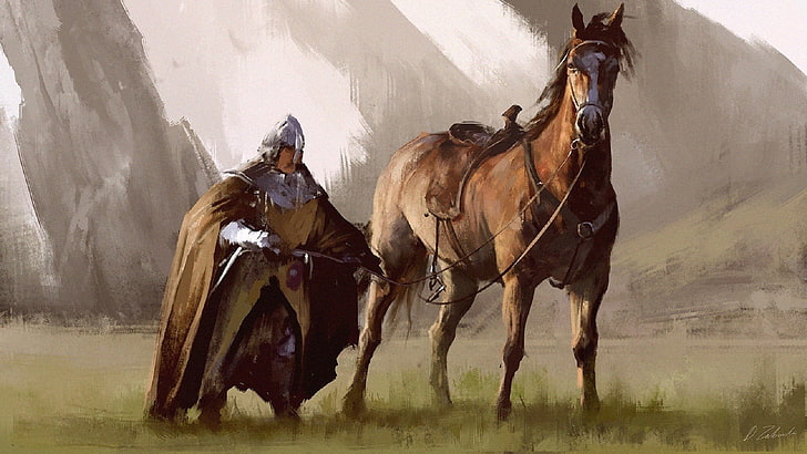knight beside brown horse painting, artwork, warrior, mammal, HD wallpaper