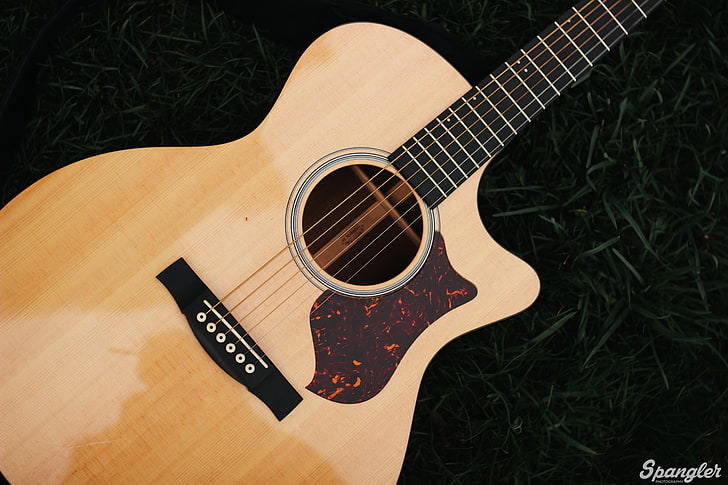 beige cutaway acoustic guitar, strings, musical instrument, wooden