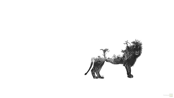 fantasy art, lion, Africa, copy space, animal, clear sky, plant, HD wallpaper
