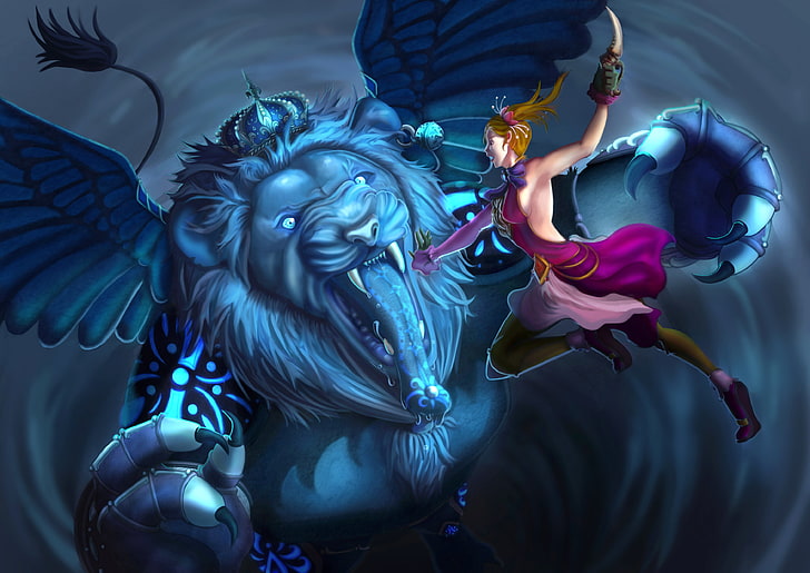 blue king lion and woman with pink dress illustration, girl, fiction