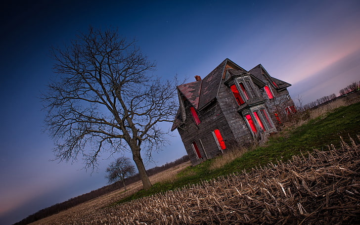 brown house, scarry, landscape, field, sky, tree, architecture, HD wallpaper