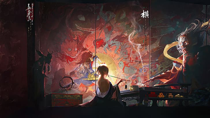 demon, digital art, artwork, Oni, Japanese, Folklore, yokai, HD wallpaper