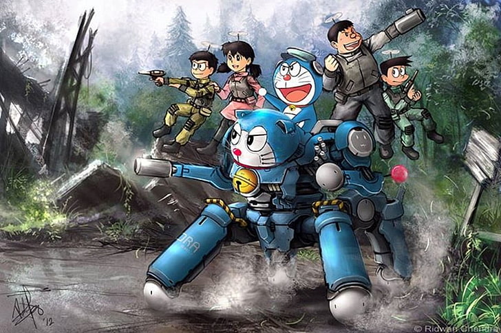 Doraemon digital wallpaper, Ghost in the Shell, Tachikoma, crossover