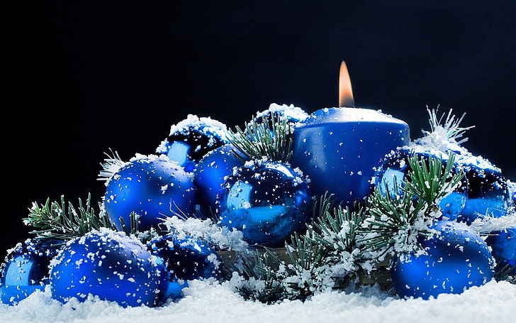 blue pillar candle and bauble balls, snow, candles, Christmas ornaments