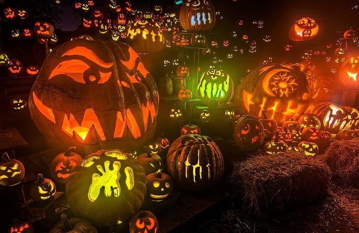 pumpkin, set, lights, hay, halloween, holiday, jack o lantern lot, HD wallpaper