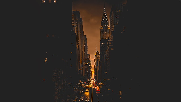 concrete buildings, New York City, evening, town, street light