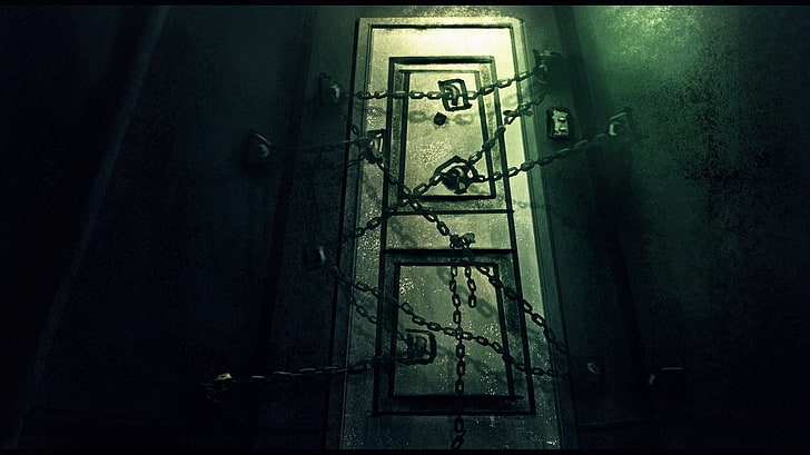 gray door with chains, the door, horror, game, Silent Hill 4, HD wallpaper