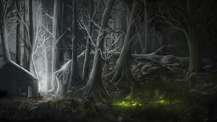 withered forest trees wallpaper, fantasy art, digital art, house
