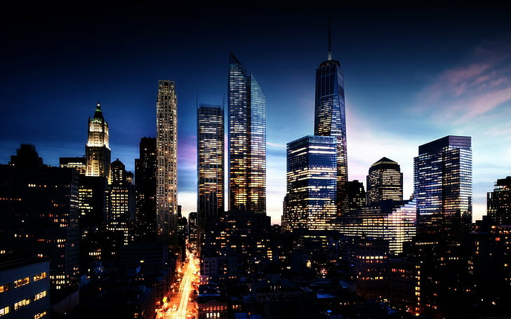 Manhattan, city, New York City, night, dusk, light trails, metropolis, HD wallpaper
