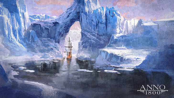 Anno 1800, artwork, ship, water, ice, cold, river, sailing ship