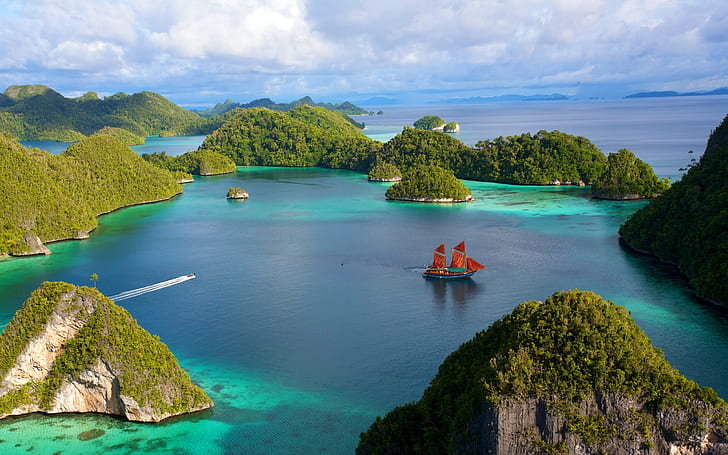 Indonesia beautiful islands scenery, water, ship, blue sky, clouds, sea, HD wallpaper