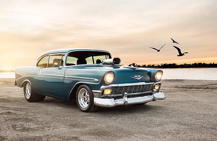 green Chevrolet Bel Air coupe, 1956, sport, car, retro Styled, HD wallpaper