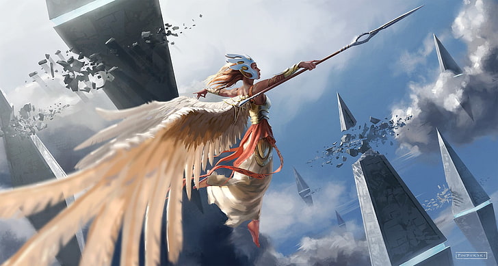 female game character with wings, fantasy art, spear, flying