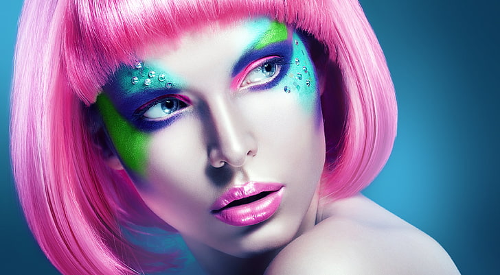 makeup, colorful, pink hair, women
