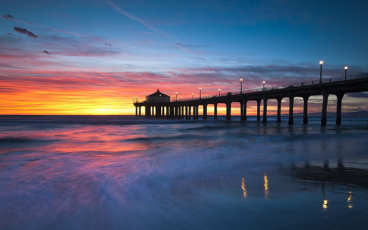 United States, California, Manhattan Beach, sunset, bridge, HD wallpaper