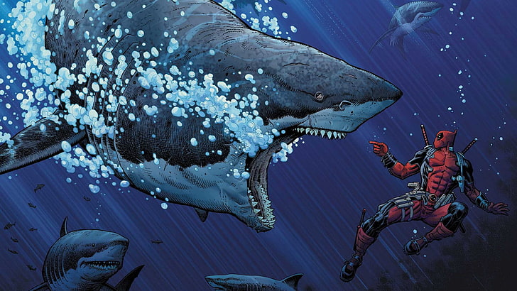 Deadpool illustration, shark, Marvel Comics, animals, fantasy art, HD wallpaper