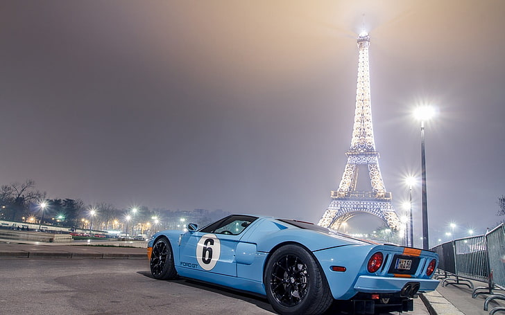 blue racing car, Ford GT, Eiffel Tower, Paris, blue cars, mode of transportation