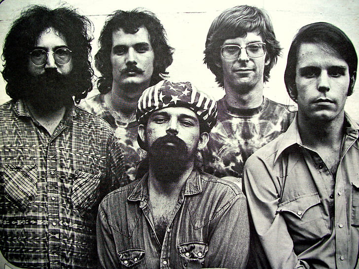grateful dead, rock band, psychedelic rock, jerry garcia, gray scale photo of mens
