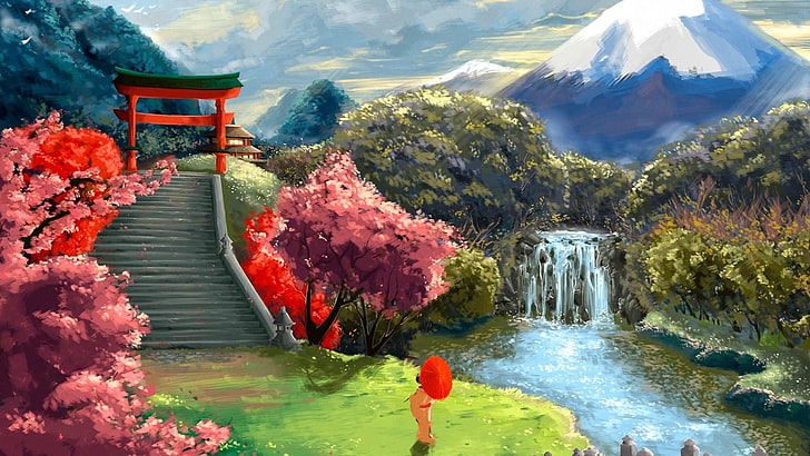 japanese, garden, japanese garden, blossom, sky, spring, water resources, HD wallpaper
