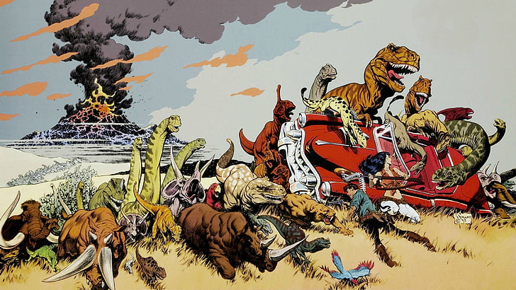 dinosaur digital wallpaper, dinosaurs, car, Cadillacs and Dinosaurs