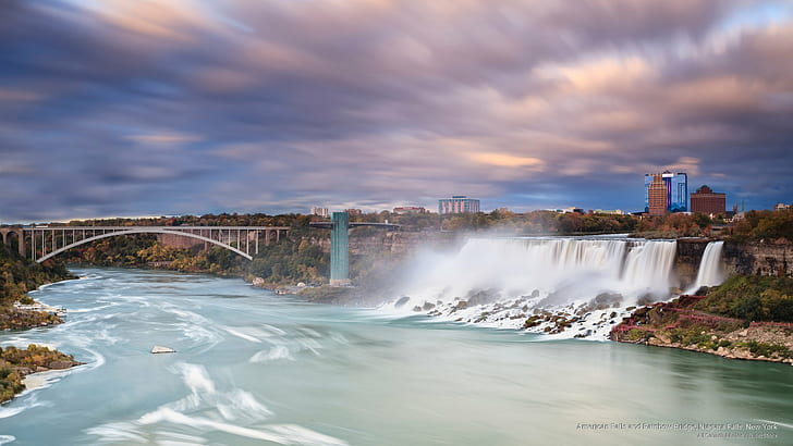 American Falls and Rainbow Bridge, Niagara Falls, New York, Waterfalls, HD wallpaper