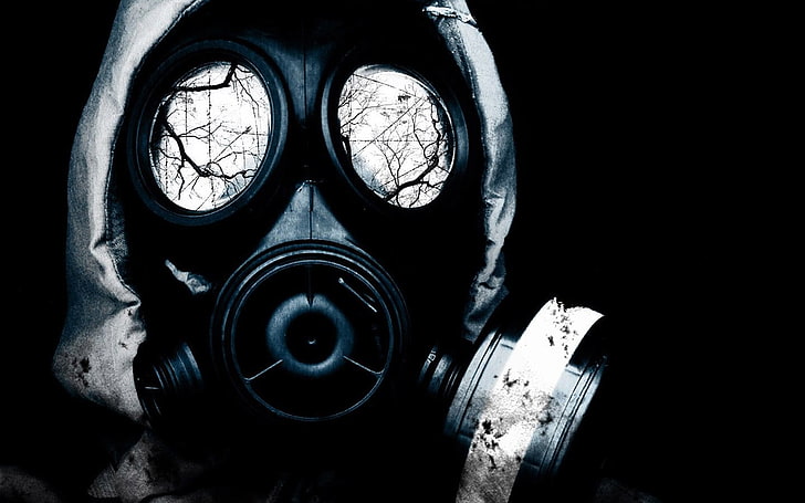 black gas mask, gas masks, abstract, radioactive, indoors, close-up