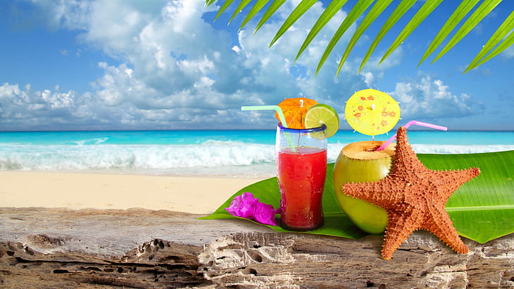 Tropical, sea, starfish, beach, lemon, sky, summer, leaves, fruit juice drinks, Landscape,, clear drinking glass, HD wallpaper