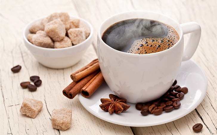 Cup, coffee, cinnamon, sugar, HD wallpaper