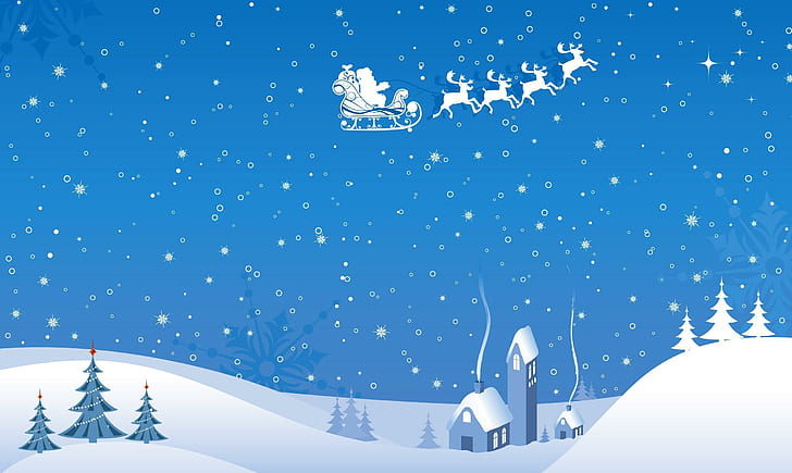 santa claus, sleigh, reindeer, flying, night, home, christmas, snowflakes, HD wallpaper