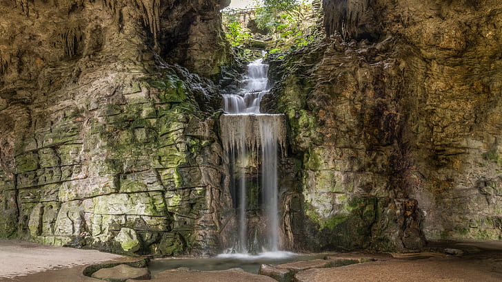 waterfall, parc des buttes chaumont, body of water, artificial waterfall, HD wallpaper