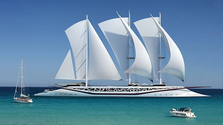 white and black cruise ship, yachts, nature, sea, sailing ship