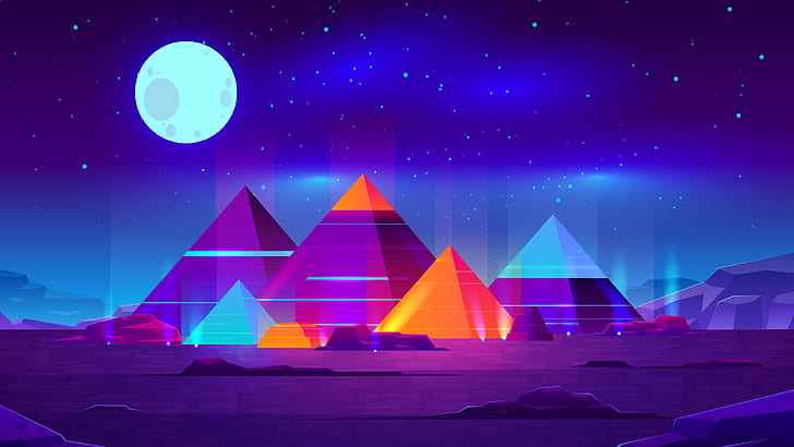 pyramid, Moon, neon, digital art, stars, planet, night, starry night