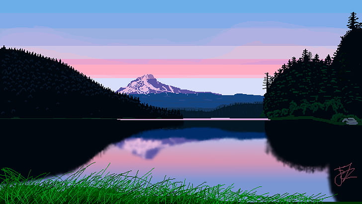 nature, landscape, pixel art, pixelated, pixels, mountains, HD wallpaper