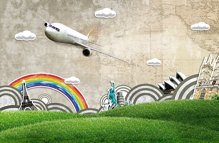 white airplane illustration, grass, clouds, hills, Eiffel tower, HD wallpaper