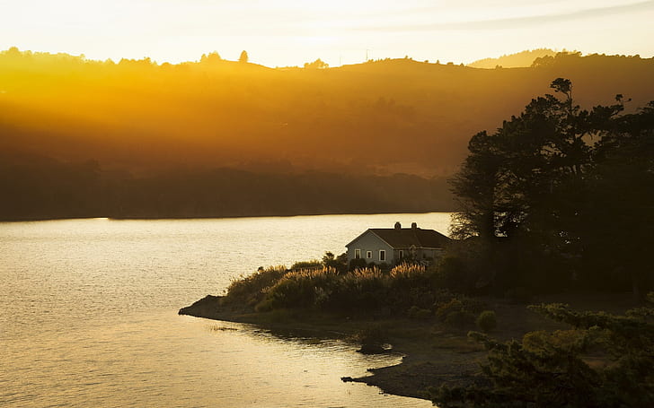 San Mateo, California, USA, sunset, lake, house, sunlight, HD wallpaper