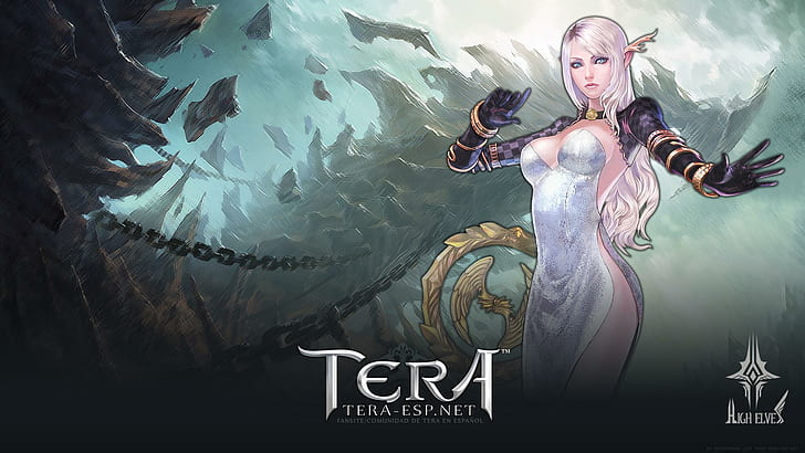 Tera, tera game, video games, white hair, blue eyes, chains, horns, HD wallpaper
