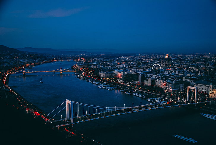 white concrete bridge, city, river, Hungary, Budapest, lights