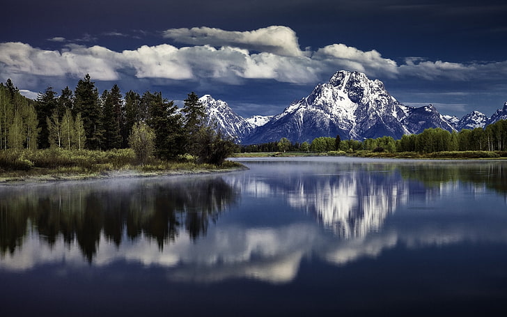 calm body of water and mountains digital wallpaper, reflection, HD wallpaper