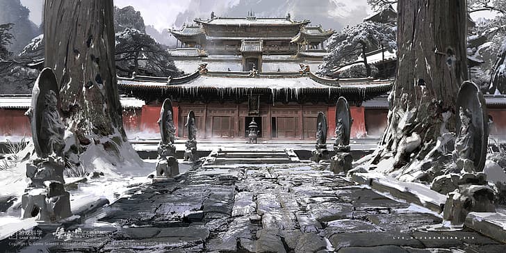 HD wallpaper: artwork, snow, temple, Chinese architecture, Black Myth:  Wukong | Wallpaper Flare