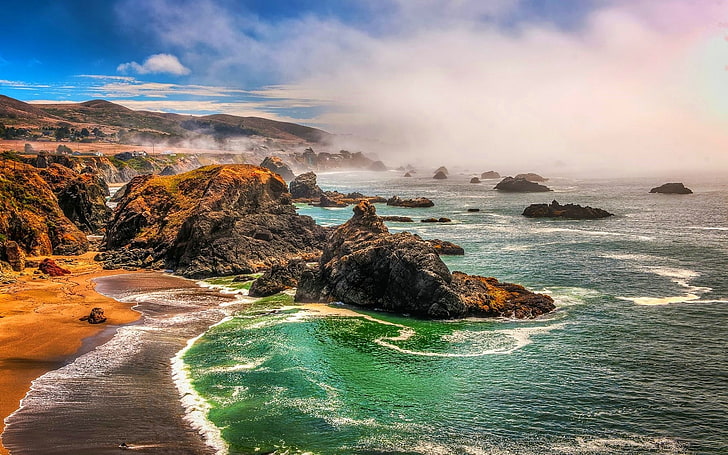 nature, landscape, beach, sea, rocks, coast, mist, hills, California, HD wallpaper