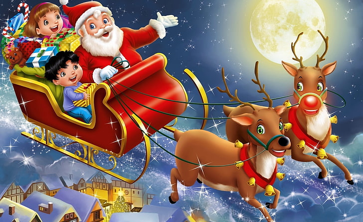 Christmas, Santa Claus, Holidays, Night, Children, Reindeer, kids, HD wallpaper