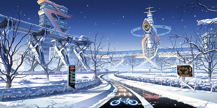 snow covered road wallpaper, seasons, winter, futuristic, Japan, HD wallpaper