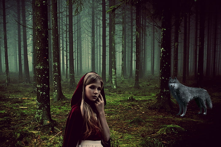 forest, women, wolf, animals, landscape, nature, blonde, tree