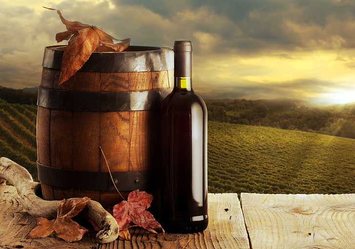 amber glass bottle and wine barrel, autumn, leaves, background, HD wallpaper