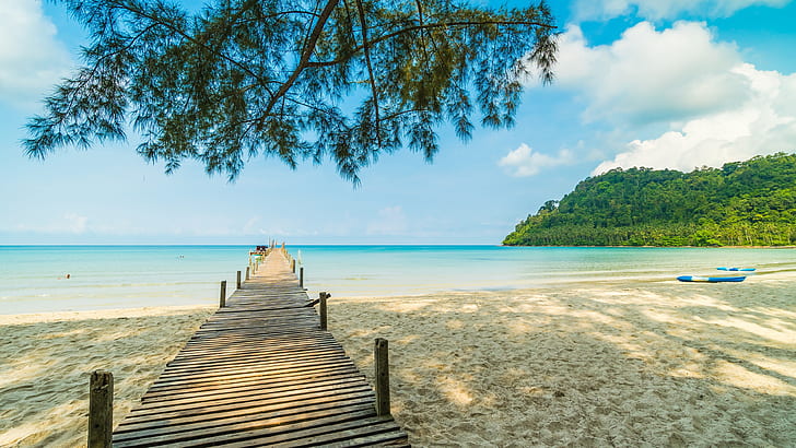 summer, pier, sea, tropics, beach, shore, sandy beach, caribbean, HD wallpaper