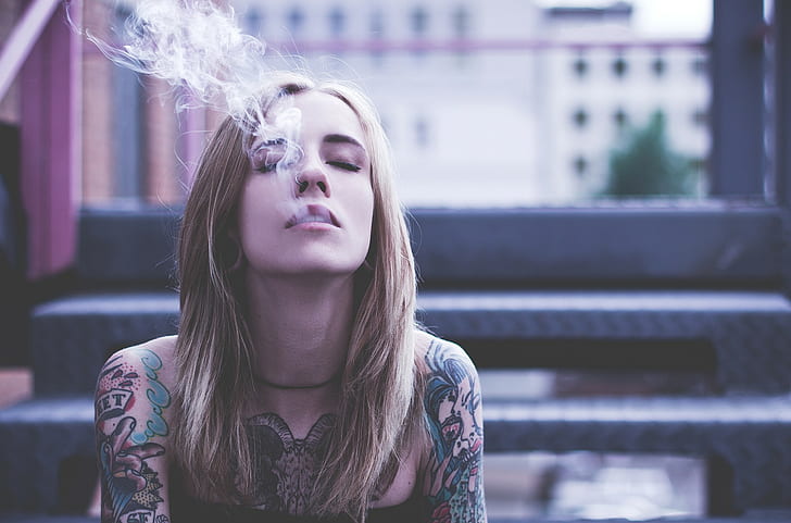 tattoo, women, smoking, closed eyes, blonde, smoke, pierced nose