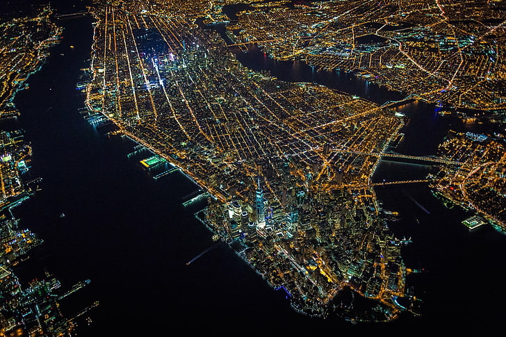 aerial photo of city, New York City, USA, night, island, aerial view, HD wallpaper