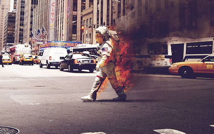 fire, traffic, New York City, flag, astronaut, street, one person